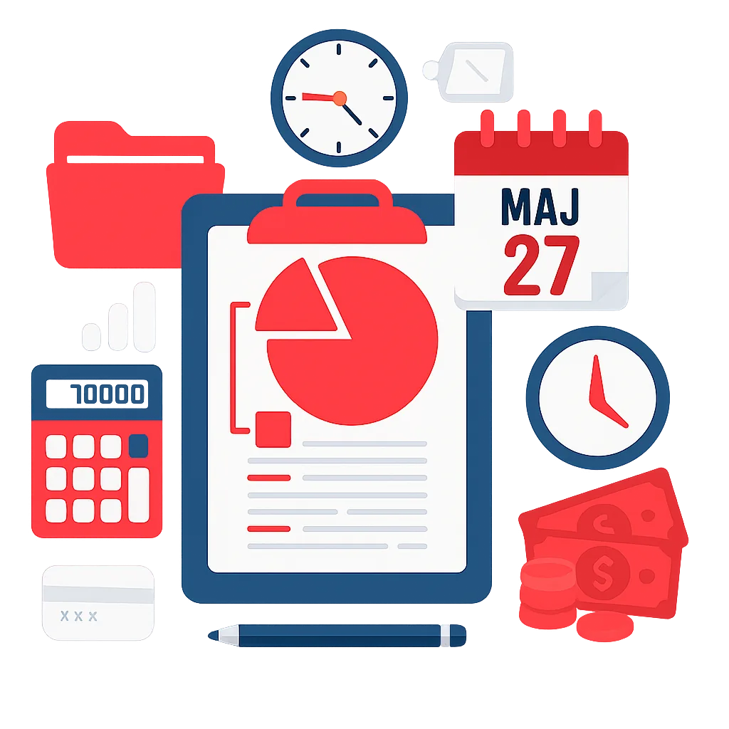 Dokumenty, kalendarz, kalkukator, zegar, narzędzia