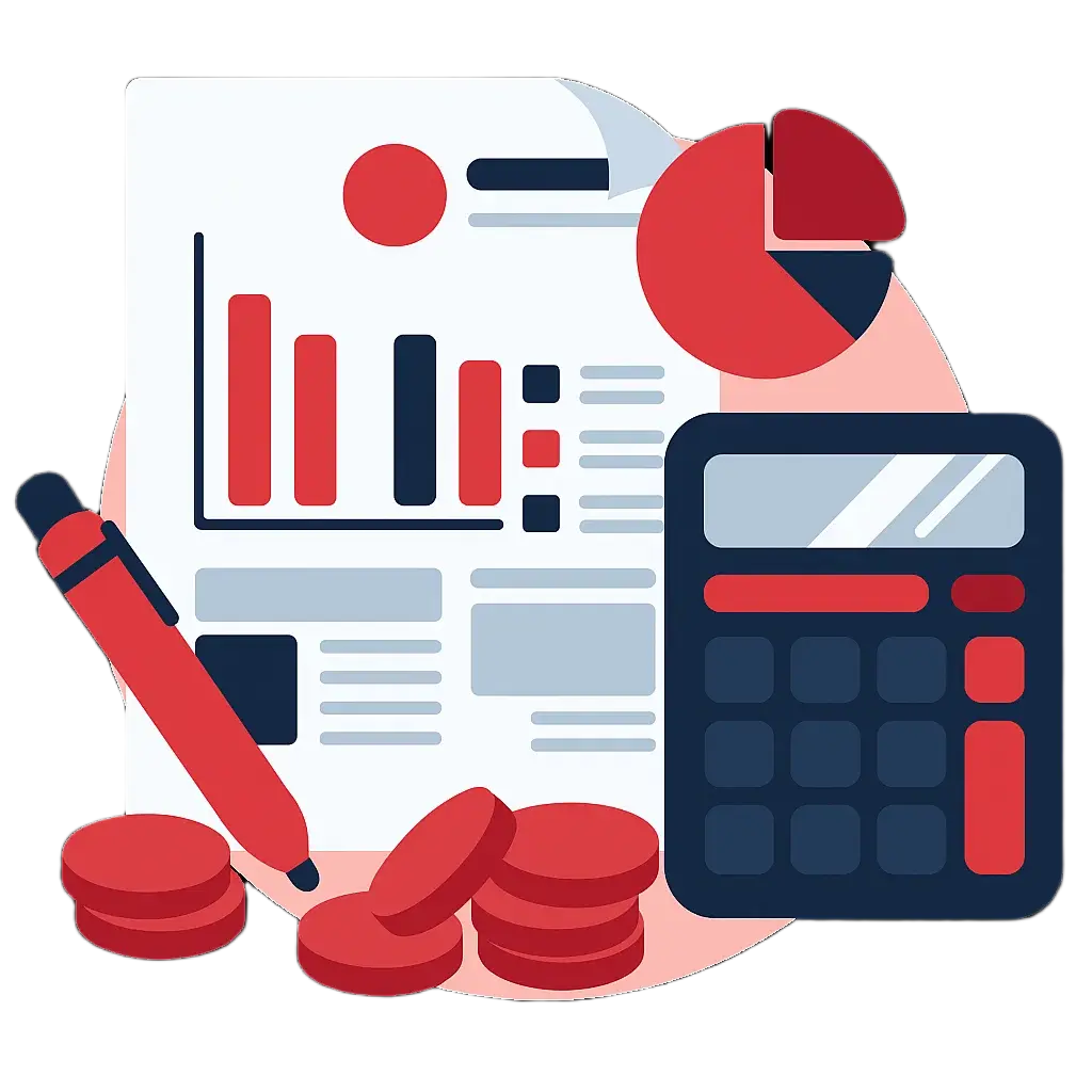 dokument z wykresami, kalkulator, długopis i monety