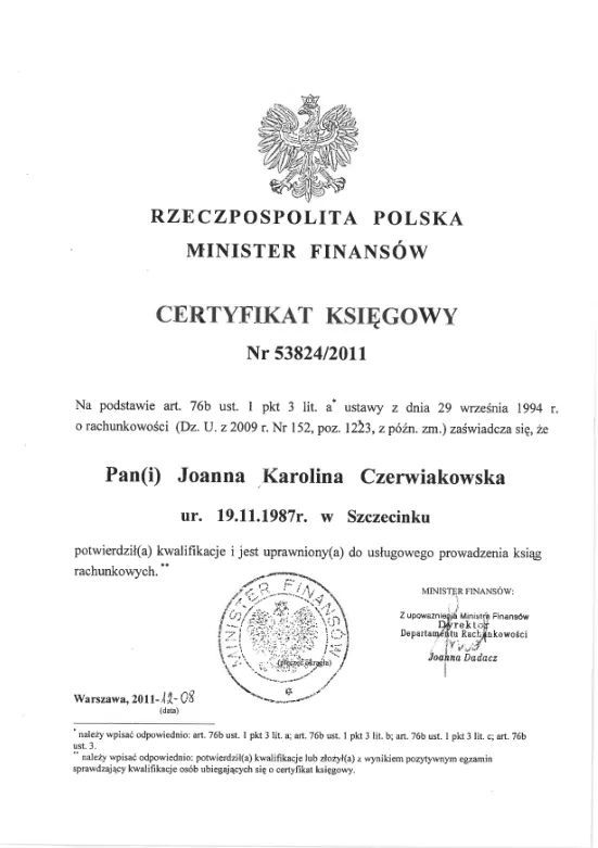 certyfikat księgowy